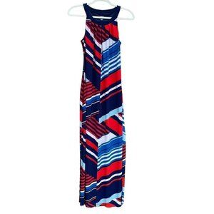 Chaps Women’s Maxi Dress Red White Blue Stripe Stretch Side Slits Small
